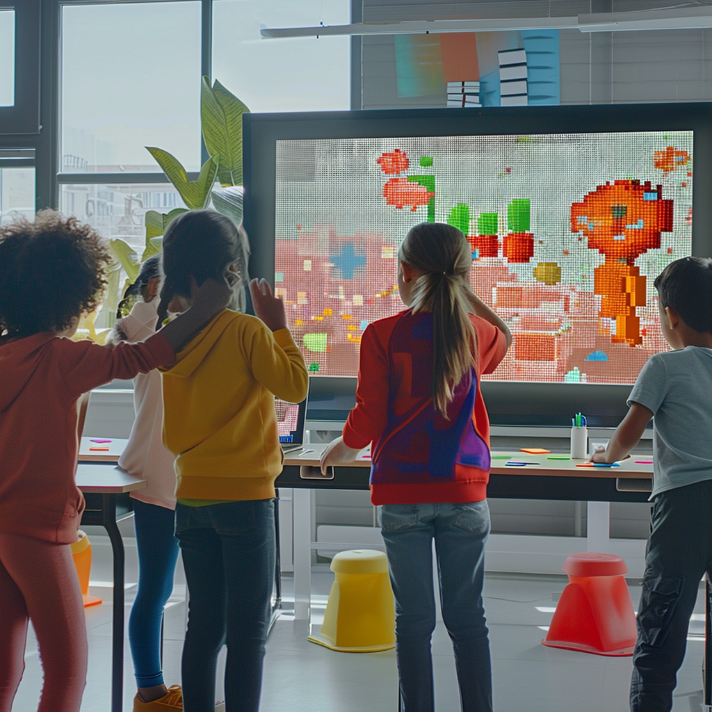 Enseignement 3 kidshaker a group of kids in a classroom doing pixel art with p 7e1996e4 bdf5 4410 8a5a e6b9a8cfe878